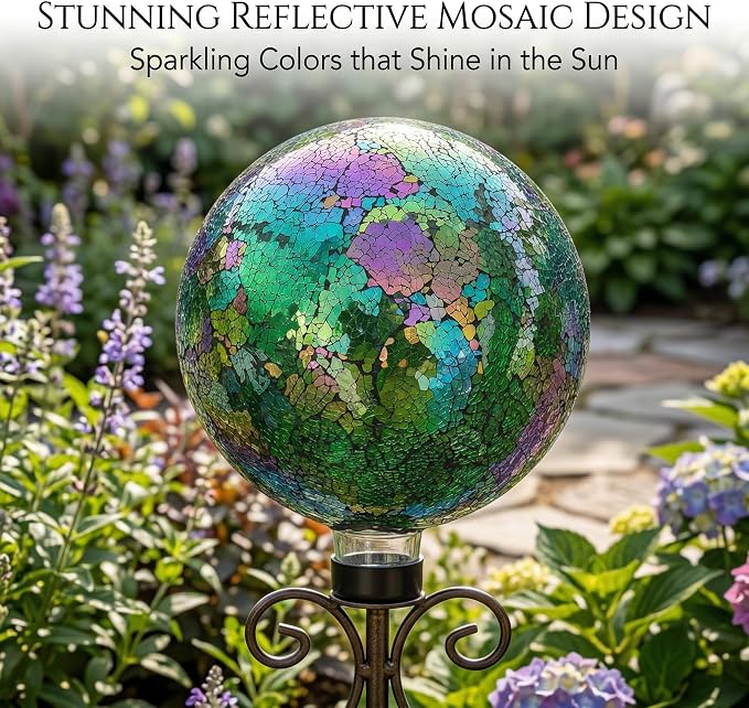 10" Mosaic Glass Gazing Ball for Garden Decor, Gazing Globe | Iridescent Glass Mosaic Gazing Globe, Outdoor Garden Orb for Yard, Patio, Lawn & Flower Bed Decor