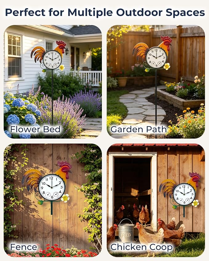Rooster Outdoor Clock with Thermometer & Hygrometer | 41" Garden Stake or Wall Mount Design Weather-Resistant Metal Easy-to-Read Dial Farmhouse Garden Decor