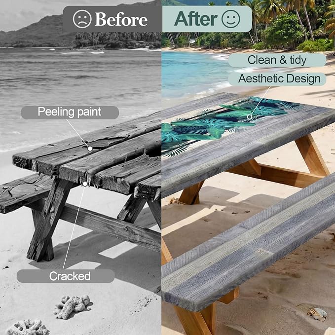 Play Tailor Picnic Table Cover with Bench Covers Camping Essentials Waterproof Windproof Camping Tablecloth with Drawstring Bag, Fitted Rectangle Tables and Seats, 72in, Palm Leaf