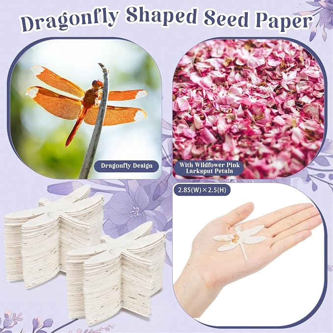 Dunzoom 50 Pcs Handmade Seed Paper Plantable Wildflower Seed Paper Recycled Flower Petals Tags Wedding Favors for Guests Craft Gifts Cards for Envelope Birthday Party, 5 Styles (Dragonfly Shape)