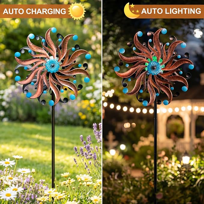 Solar Wind Spinner - Rustic Copper & Turquoise Kinetic Yard Art with Glass Globe - Vintage Metal Sunburst Wind Catcher Outdoor Garden Decor for Lawn, Patio, and Front Porch