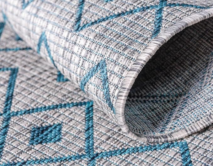 Unique Loom Outdoor Trellis Collection Area Rug - Tribal Trellis (2' x 6' 1" Runner, Light Blue/ Ivory)