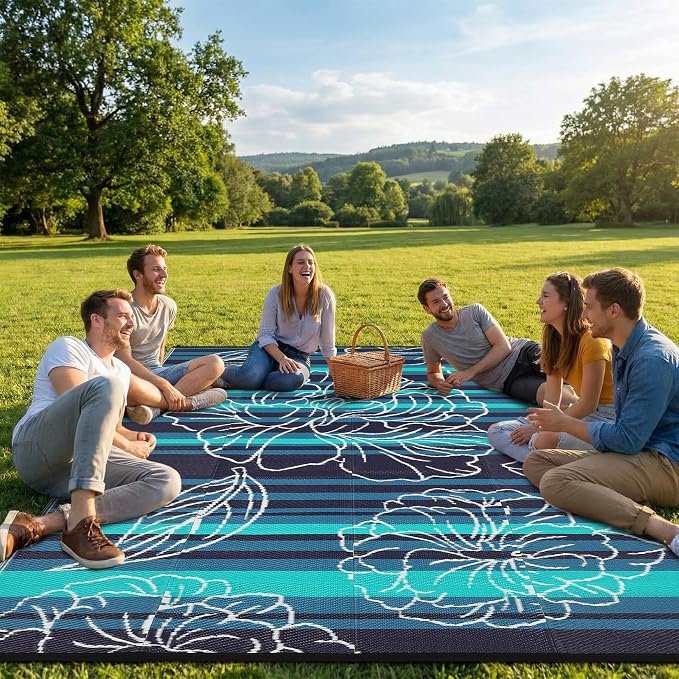 Garvee 6x9 Outdoor Waterproof Rug, Floral Outdoor Area Rug，Reversible Plastic Straw Patio Rug, Portable Camping Mat for RV, Picnic, Beach, Balcony, Garden & Camping Black&Blue