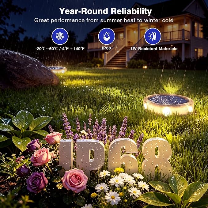 YiLaie Solar Ground Lights Outdoor IP68 Waterproof,4 Pack Solar Garden Lights Outside,Stick & Stake Landscape Lighting for Pathway Lawn Yard Deck Driveway Walkway, Warm White