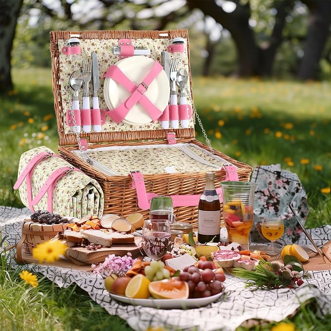 Picnic Basket Set for 4 with Waterproof Blanket Mat Insulation Bag Wicker Pink Floral Classic Fresh Gift for Christmas Thanksgiving Wedding Birthday Camp Outdoor Beach Travel