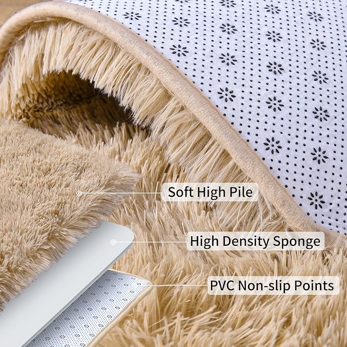 Soft Shag Fluffy Living Room Rug 5x7 Beige Washable | Upgrade Non-slip, 5 x 7 Shaggy Rugs for Bedroom Nursery, High Pile Fuzzy Plush Carpet Girls Kids Room Dorm, Flame Resistant