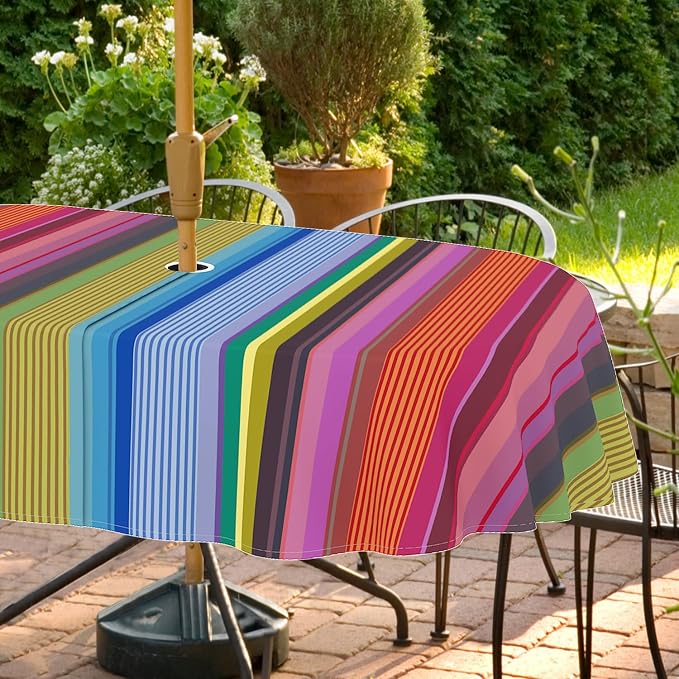 Outdoor Tablecloth with Umbrella Hole and Zipper, Oval Patio Table Covers for Spring/Summer, Machine Washable Outdoor Picnic Table Cloth (02stripes, 60" × 102" Oval)