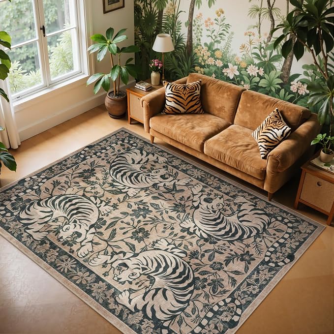 LIVEBOX Washable Tiger Area Rug 5x7, Non-Slip Boho Jungle Rug for Living Room, Vintage Animal Floor Carpet for Bedroom Dining Room Home Office Dorm (Taupe)