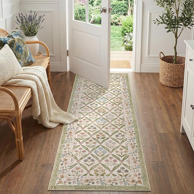 jinchan Runner Rug 2x6 Vintage Floral Washable Hallway Area Rug, Sage Green | Soft & Lightweight, Checkered Floral, Low Pile, Non Slip, Entryway, Kitchen, Bedside, Laundry Room, Cottage Decor