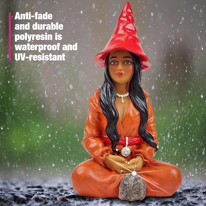 Better Office Products Garden Gnome Statue, 12" Height, Handcrafted Waterproof, UV-Resistant Polyresin Lawn Patio Porch Ornament Decoration (Modern Pixie Girl with Solar Light)
