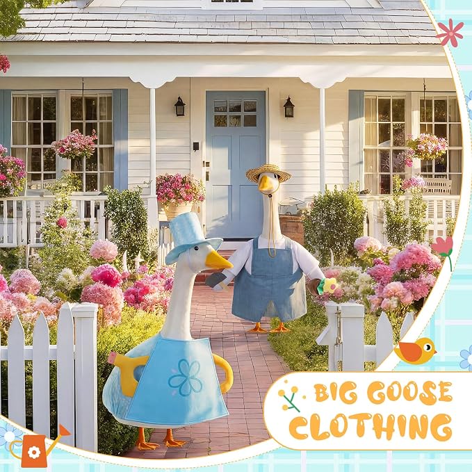 FuWeave 2 Set Porch Goose Outfit Spring Gardener Goose Clothes with Small Flower Pot for 23" Cement Outdoor Patio Yard Decor(Watering Can)