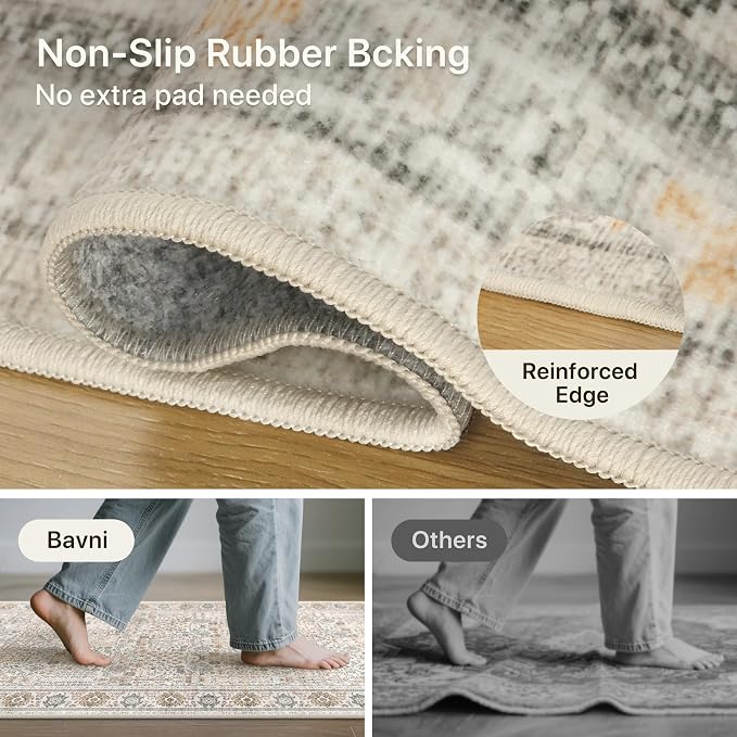 Washable Rugs 8x10 for Living Room, Low Pile, Beige Grey | Vintage Distressed Design Area Rug, Spill Resistant Lightweight Non-Shedding Carpet for Bedroom, Dining Room, Office
