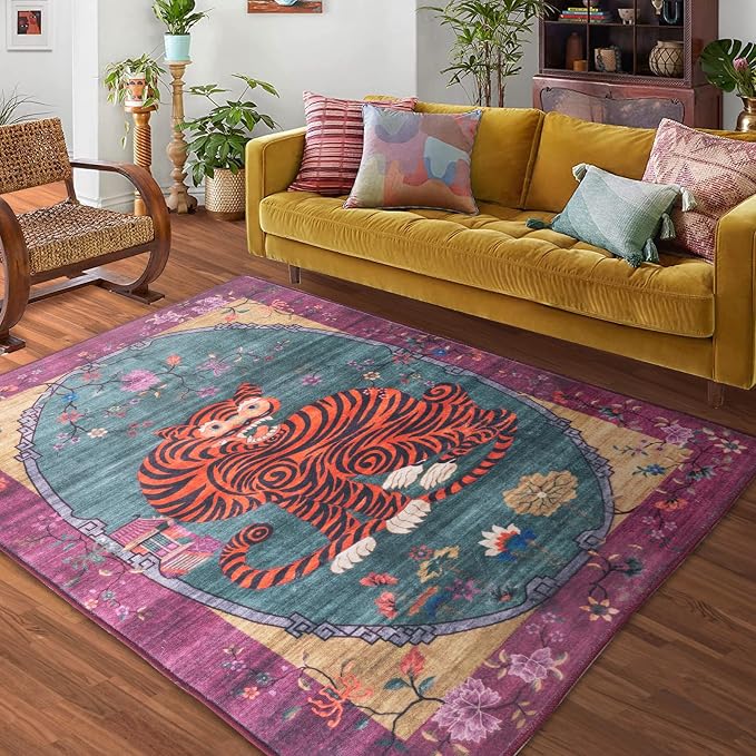 Tiger Rug Washable 4x6 ft Oriental Traditional Animal Print Vintage Purple-Green Floral Tibetan Rugs for Bedroom Kitchen Living Room Indoor Entryway