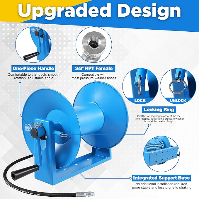 RIDGE WASHER Pressure Washer Hose Reel 180FT x 3/8" | Heavy Duty, High Capacity, 4000 PSI, 3/8" Whip Hose, Manual Crank