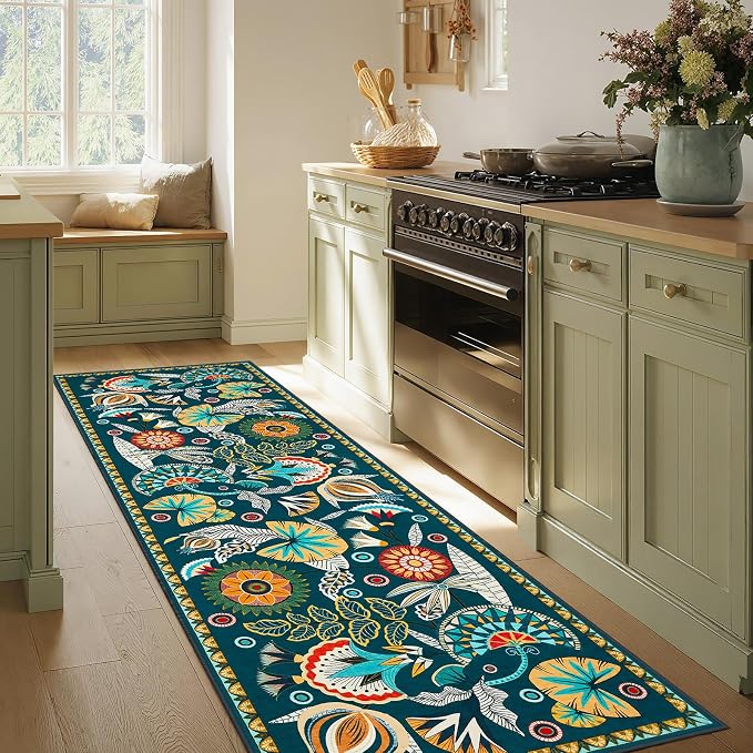 Joydeco Egypt Floral Boho 2x8 Washable Hallway Kitchen Runner Rug Non Slip | Dark Green Botanical Colorful Non Slip Stain Resistant Low Pile Flower Indoor Carpet Runner for Entry Laundry Room Bathroom