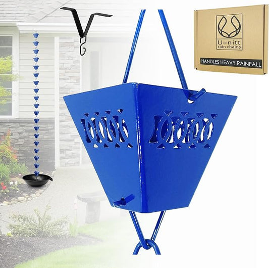U-nitt Rain Chain Water Collection for Gutters Rainwater Catcher & Diverter, 8.5 FT Chains for Outside Garden, Blue Square Cups, Roof Downspout, Works with Heavy Rain, w/Gutter Clip for Rainchains