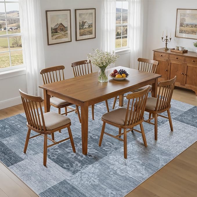 UERMEI 6x9 Area Rug for Living Room - Washable Vintage Carpet, Non-Slip Soft Large Indoor Floor Rugs for Bedroom Home Office & Under Dining Table Decor, Blue Block