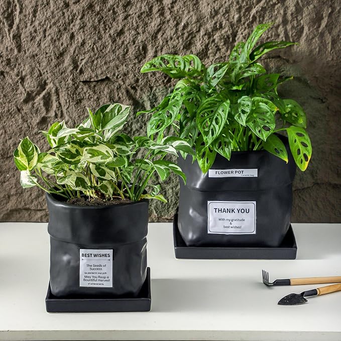 Nihow 6 Inch Ceramic Plant Pot with Drainage & Square Saucer,Black | Bag Shape Design,Indoor & Outdoor，Living room/Office/Bedroom/Windowsill/Tabletop，Plant Lovers/Gardeners/Beginners