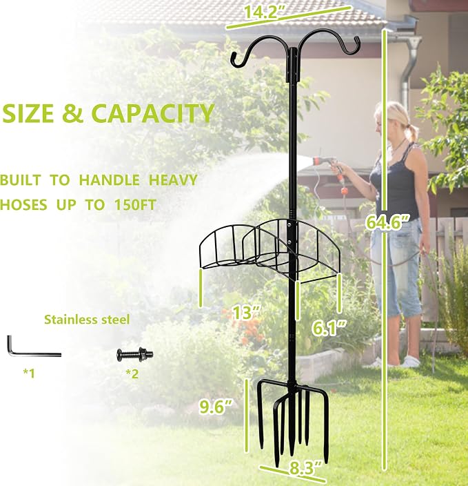 2-Pack Garden Hose Holder Stand with 7 Prong Base and Dual Shepherd Hooks | Freestanding Holds 150FT Hose Heavy Duty Water Hose Stand Sturdy Detachable Hose Stand Black