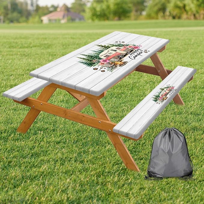 Picnic Table with Bench Covers 3 PCS Set, Pink Leopard Floral Camper Waterproof Windproof, Elastic Fitted Tablecloth with Drawstring Bag for Camping BBQ RV Trip Outdoor Party, 30X96 inch