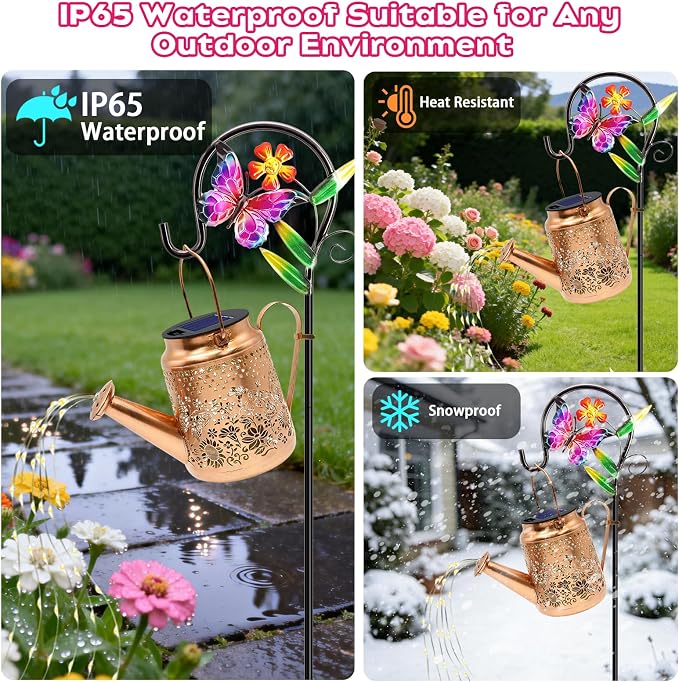 VOOKRY 2 Pack Butterfly Metal Solar Watering Can Lights, Solar Lights Outdoor Waterproof, Gifts for Women Mom Grandma Birthday, Hanging Lanterns Decorative Garden Decor for Outside Yard Patio Lawn