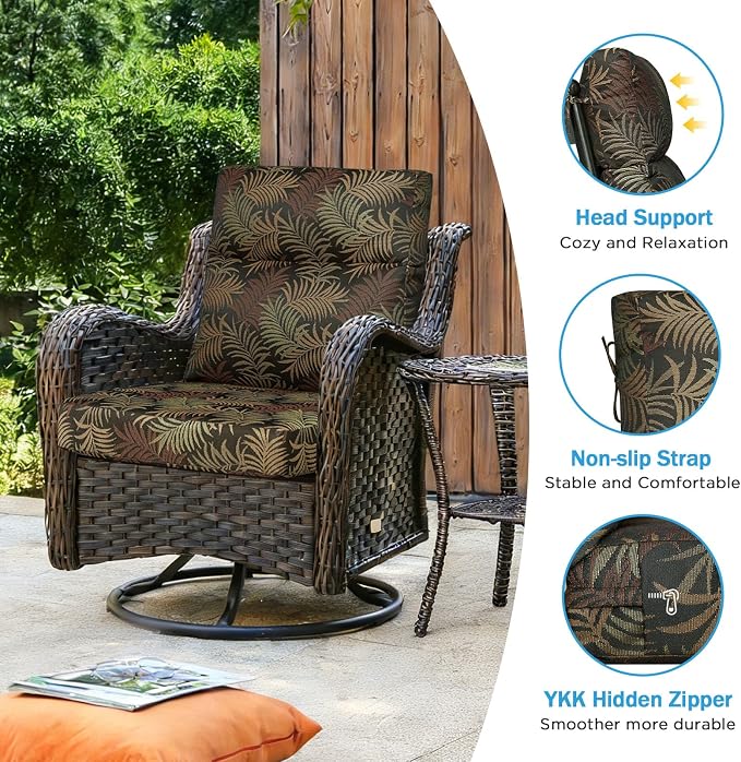 Outdoor Patio Chair Cushions 44x21x3.5 inch, Set of 2 Thicken Comfy Cushions for Rocker Non Slip Fade Shield Water Repellent High Back with Ties, Bamboo Leaf Jacquard