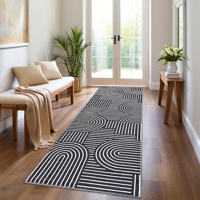 ROYHOME Modern 2.5x8 Hallway Runner Rug Non Slip Soft Kitchen Rug, Black | Abstract Washable Mat, Rainbow Geometric Runners Rugs for Bedroom, Long Rugs for Entryway Arch Pattern Bathroom Laundry Dorm
