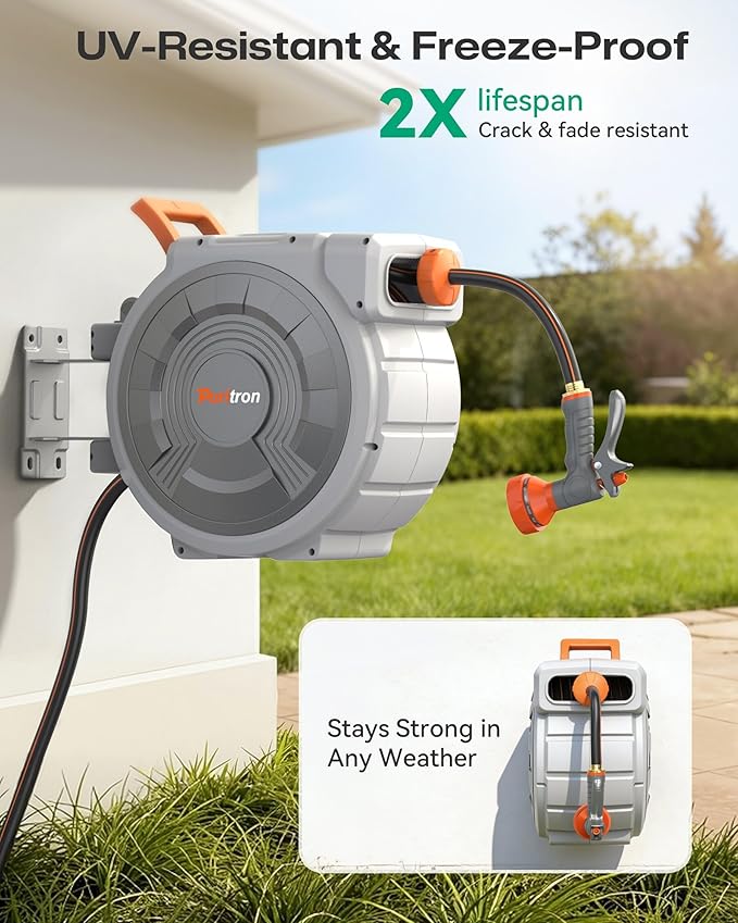 Retractable Garden Hose Reel 5/8"x100ft, 3-Ply Reinforced water hose reel, Any Length Lock, Heavy-Duty Rust Prevention Metal Mount, Brass Fitting, 9 Spray Nozzle for Lawn & Gardening