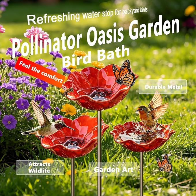 3Pcs Mini Bird Bath for Outsides, Handmade Metal Flower Garden Stake Birdbaths & Birdfeeder, Bird Baths Feeder Bowl for Outdoors Garden Patio Yard Lawn Decor,Decorative Gift for Nature Lovers