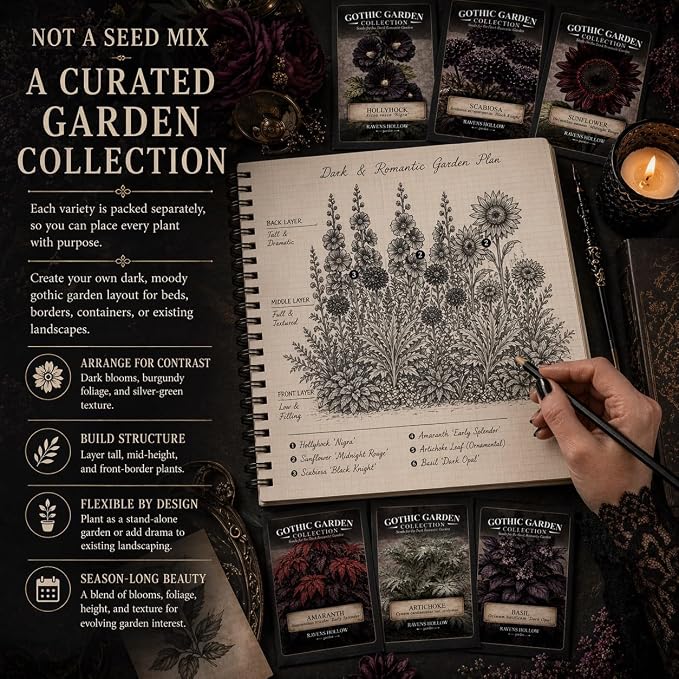 Ravens Hollow Garden Gothic Garden Seed Collection, 6 Open-Pollinated Flower & Foliage Varieties