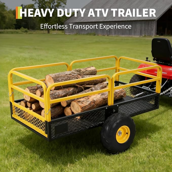 Garvee ATV UTV Trailer Tow Behind Dump Cart, Heavy Duty Yard Garden Trailer | 1500 lbs 20 Cubic Feet, Removable Sides & All Terrain Tires, ATV UTV Trailer For Lawn Mower Tractor, Yard Garden Use