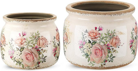 2 Pcs Vintage Planter Ceramic Plants Pot with Drainage Ice Crack Scroll Flower Vase Pot for Indoor Outdoor Plants Home Kitchen Decor Gifts(Country Rose,7.7" & 5.9")