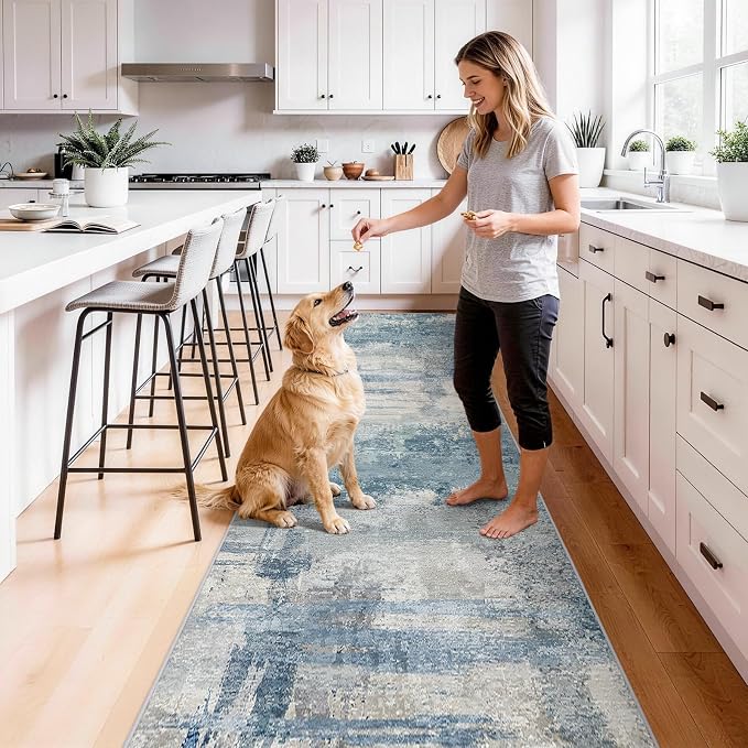 2.6x12 Extra Long Runner Rug: Blue Grey Abstract Washable Non Slip Rug | Hallway Carpet for Entryway - Soft Thin Low Pile Floor Mat for Long Hallways, Custom Length 2.6x12 Blue
