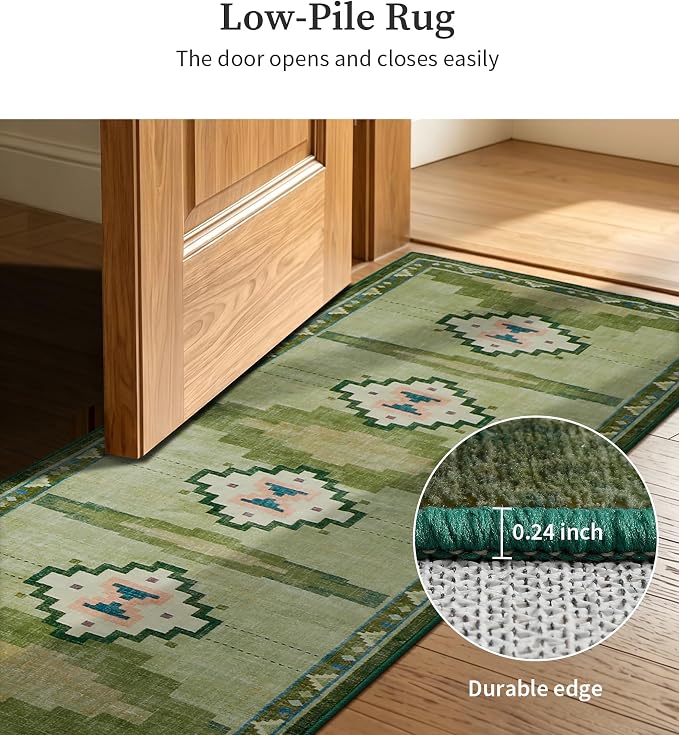 YIHOUSE 2‘x6' Non-Slip Green Mid Century Modern Runner Rug for Kitchen | Washable, Low Pile, Funky Retro Aztec Long Rug for Hallway Entryway Bedroom