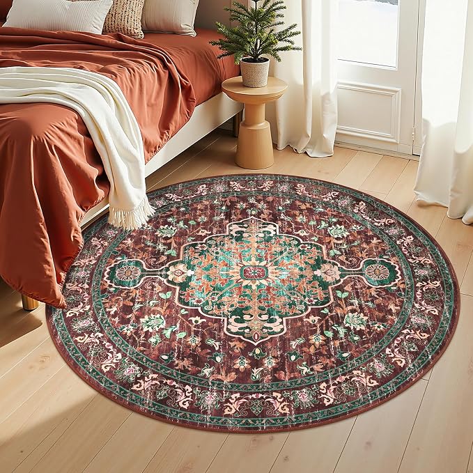 U'Artlines Boho Round Area Rug 4ft Machine Washable Carpet, Rust＆Teal | Vintage, Low Pile, Non Slip, Ultra-Thin Soft Floor Carpet, Circle, Accent Rug for Living Room Bedroom Dining Room Office