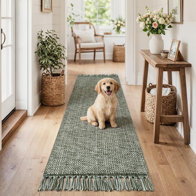 Sage Green Kitchen Runner Rug, 2' x 6' Boho Washable Bathroom Mat | Modern Farmhouse Hallway Runner Rugs Hand-Woven Reversible Bedroom Carpet for Laundry Entryway Home Decor