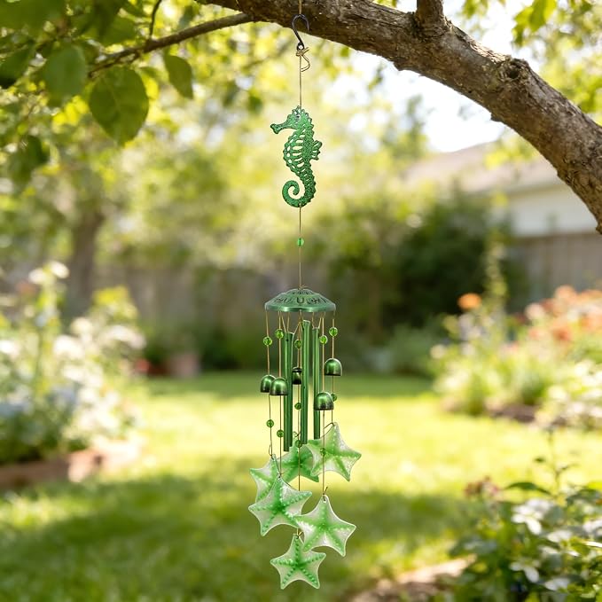 Glass Sea Horse Windchimes Unique Metal Wind Chimes for Outside Pendant | Seaside Memorial Windchimes Outdoors, Seahorse Outdoor Metal Wind Chimes, Home Gifts for Women Men, Patio Porch Garden Decor
