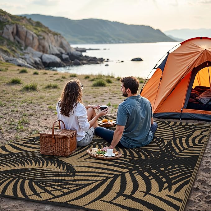 GENIMO Outdoor Rug 9' x 12' Waterproof for Patio Clearance, Reversible Plastic Straw Camping Carpet, Lightweight Mats for Rv, Backyard, Deck, Porch, Picnic, Beach, Balcony,Pitch Black & Brown