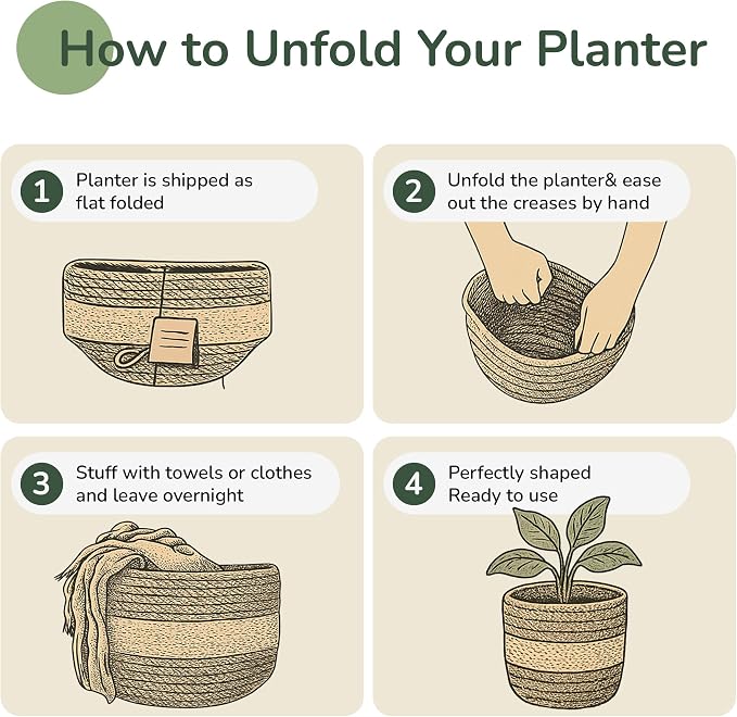 Jute Planter Basket Sustainable Woven Rope Covers for Decorating Indoor/Outdoor Plants Pots 6.5x6.5x6 Inches Ideal Size for 6" Planter-Multi-Purpose Storage Set of 4 White & Natural Jute