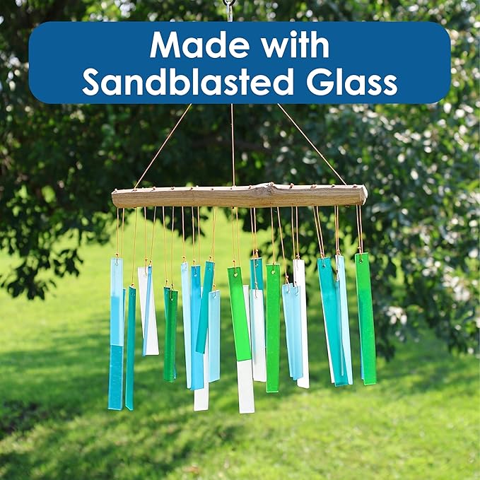 Blue Handworks Sea Glass and Driftwood Chime | Sandblasted Glass and Found Wood Hand Crafted Wind Chime