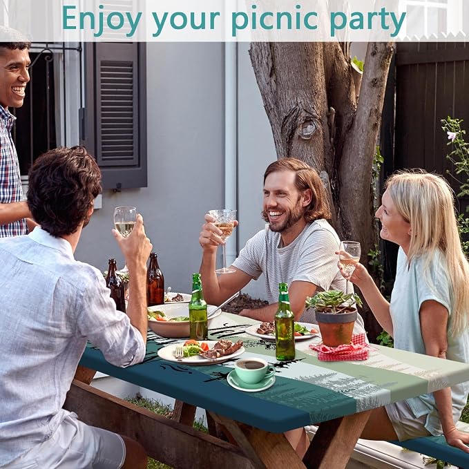 Picnic Table Cover with Bench Covers, Rectangle Tables, Waterproof Elastic Fitted Tablecloths for 6 Foot, Washable Tablecloth for Camping, Outdoor (Green, 30"x96")