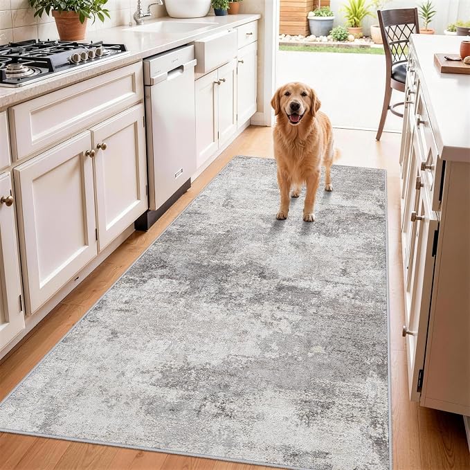 3x6 Washable Abstract Runner Rugs: Non Slip Hallway Carpet Grey | Modern Neutral Kitchen Runners for Entryway, Bedroom, Laundry Room - Soft Low Pile Floor Mat 3x6 Grey