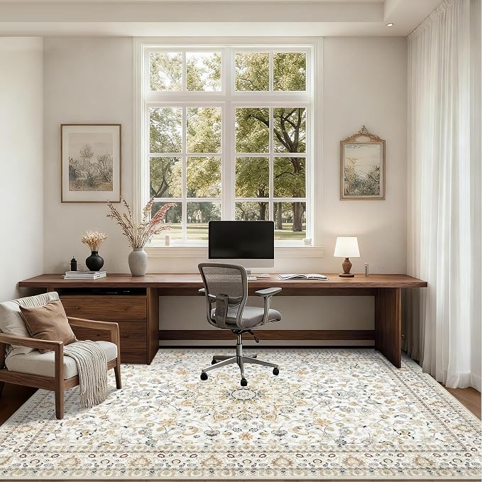 8x10 Area Rugs Living Room: Washable Vintage Rug for Bedroom Beige | Boho No Slip Stain Resistant Rug Soft Indoor Decor Floor Floral Area Rugs for Dining Room, Nursery, Hallway, Home Office