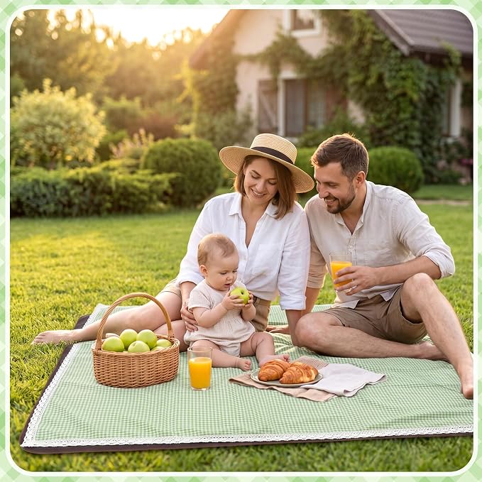 VitalCozy Waterproof Picnic Blankets 59 x 78in Outdoor Blanket Foldable 2 in 1 Double Layer Sandproof Beach Mat with Carry Strap for Camping Lawn Park Beach Grass (Green White)