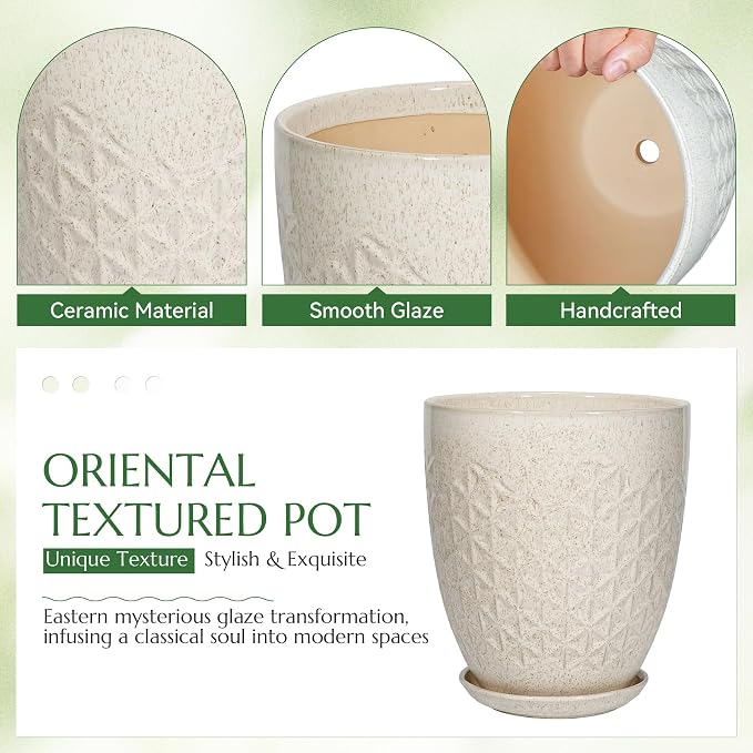 9.5 Inch Flower Pots for Indoor Plants,Ceramic Planter with Saucer Drainage Leak-Proof Mesh Gardening Gloves(Silk-White)