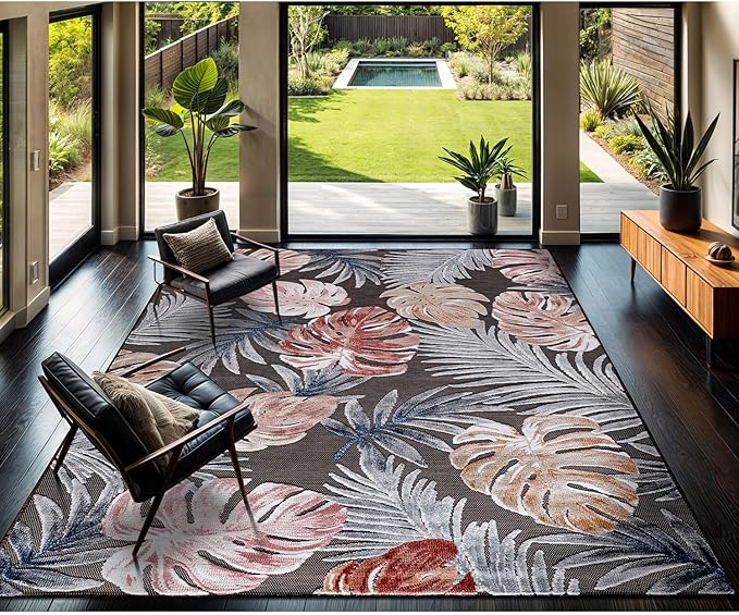 CAMILSON Indoor Outdoor Rug, Brown 9’x12’ Leaf Tropical Botanical Area Rugs for Indoor and Outdoor patios, Easy-Cleaning Non-Shedding Living Room, Garden and Kitchen Washable Outside Carpet (9x12)