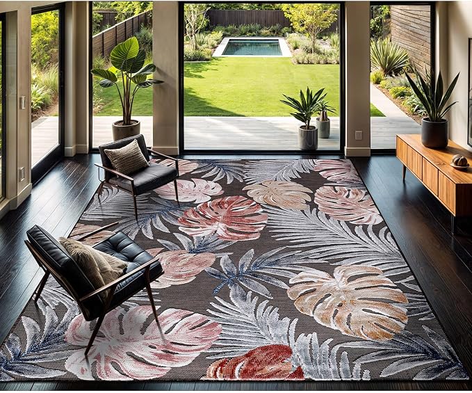 CAMILSON Indoor Outdoor Rug, Brown 7’10”x10’ Leaf Tropical Botanical Area Rugs for Indoor and Outdoor patios, Easy-Cleaning Non-Shedding Living Room, Garden and Kitchen Washable Outside Carpet (8x10)