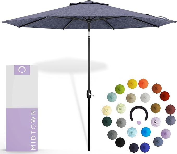 Midtown Umbrellas - 10-Year-No-Fade 9 Ft Patio Umbrella with Terylast Fabric, Auto-Tilt Aluminum Frame and 8 Reinforced Ribs for Deck, Pool, Garden & Beach - Purple Texture Canopy, Black Pole