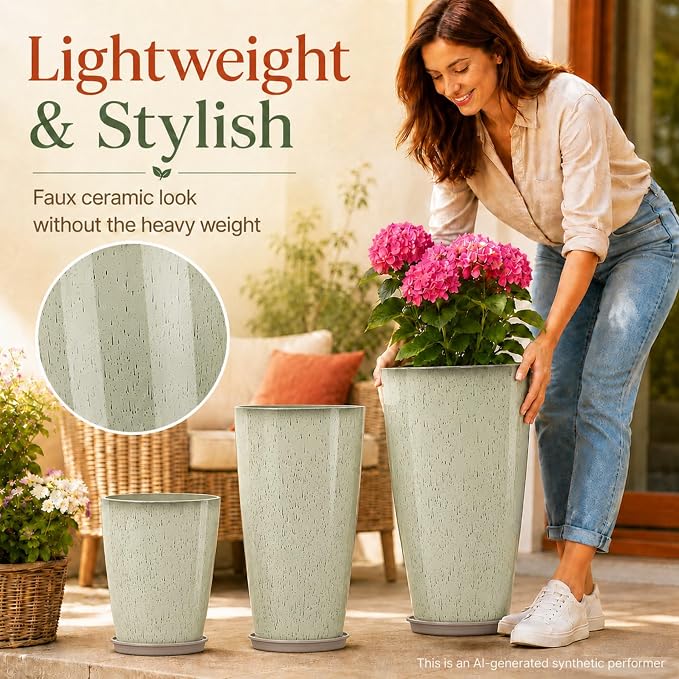 Neoaider Set of 3 Tall Planter, 24/21/12in Large Plastic Planter, DripGlaze | Ceramic-Look, Lightweight, Built-in Drain Hole, Saucers, Tall Outdoor Planter for Porch, Garden, Patio, Balcony