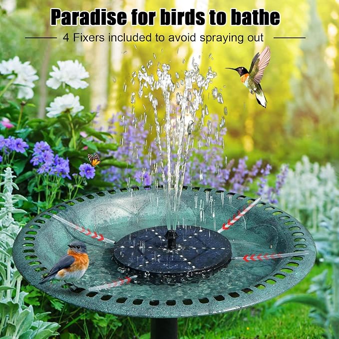 Solar Bird Bath Fountains Upgraded, 4W Solar Powered Water Fountain Pump with 4000 Battery, 7 Nozzles & 4 Fixers, Colorful LED Lights for Garden, Pond, Swimming Pool, Fish Tank, and Outdoor